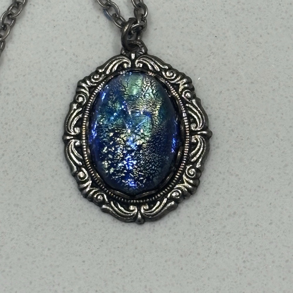 Handmade Blue Green Dichroic Glass Pendant Necklace ~ Vintage Inspired ~ 20″ Cha